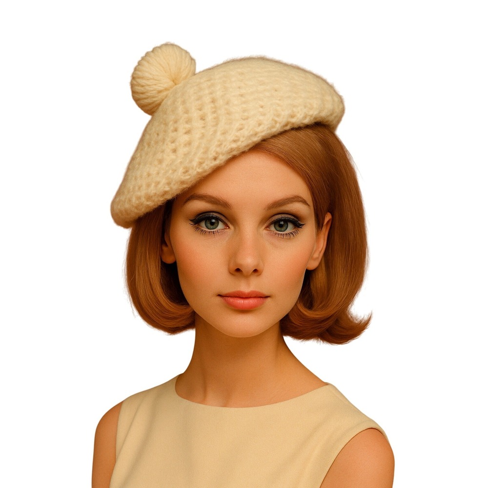 Vintage Chunky Knit Cream Pom Pom Beret Hat Women's Cozy Winter Fashion